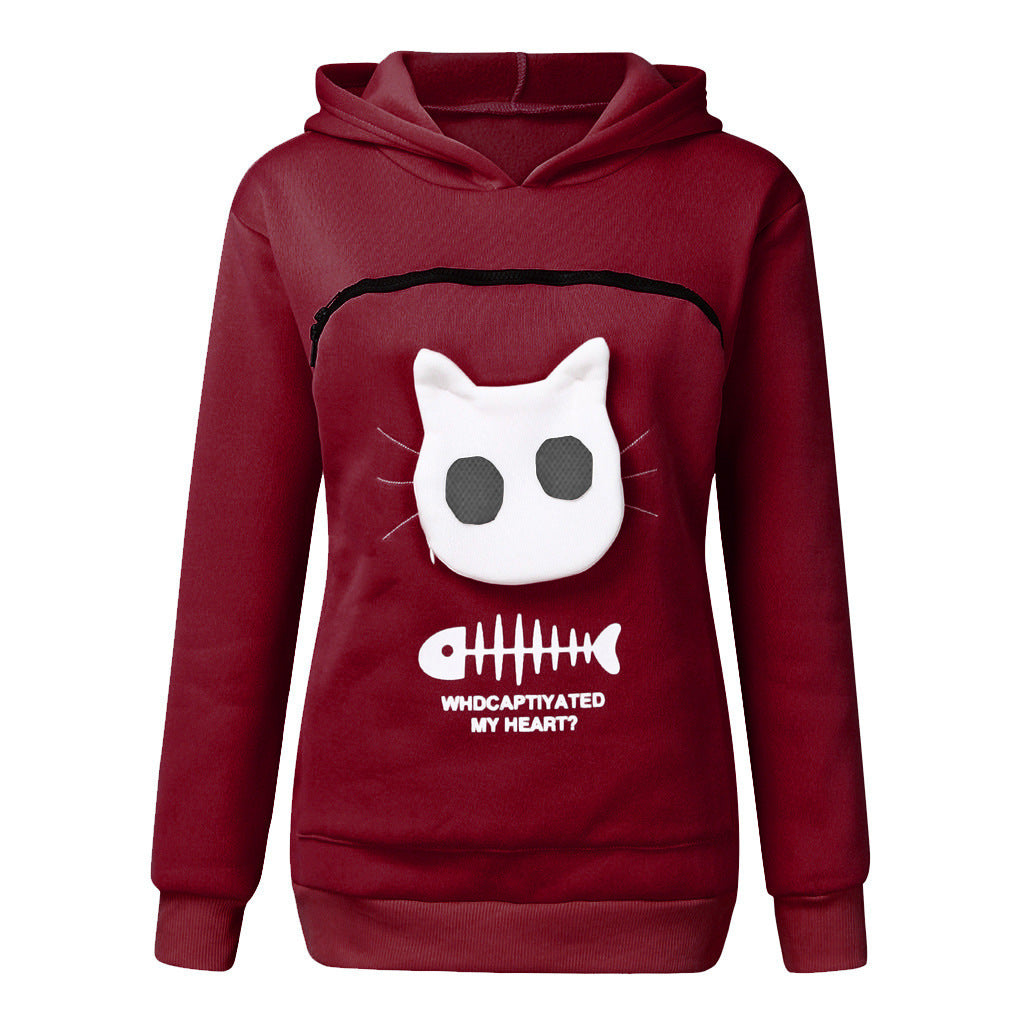 Women Hoodie Sweatshirt With Cat Pocket Design