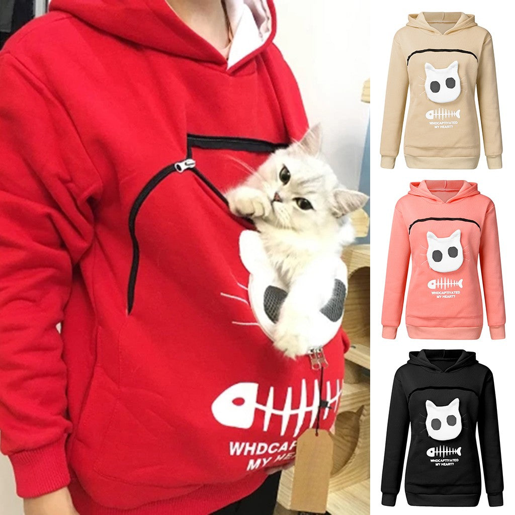 Women Hoodie Sweatshirt With Cat Pocket Design